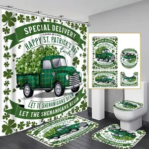 1/3/4PCS St. Patrick's Day Shower Curtain set, Green Truck with Shamrocks Bathroom Decor, Accessories with Bath Mat, U-shaped Mat, Toilet Lid Cover, 12 Hooks 180x180cm Curtain, Irish Charm, Home Decor, bathroom accessories.