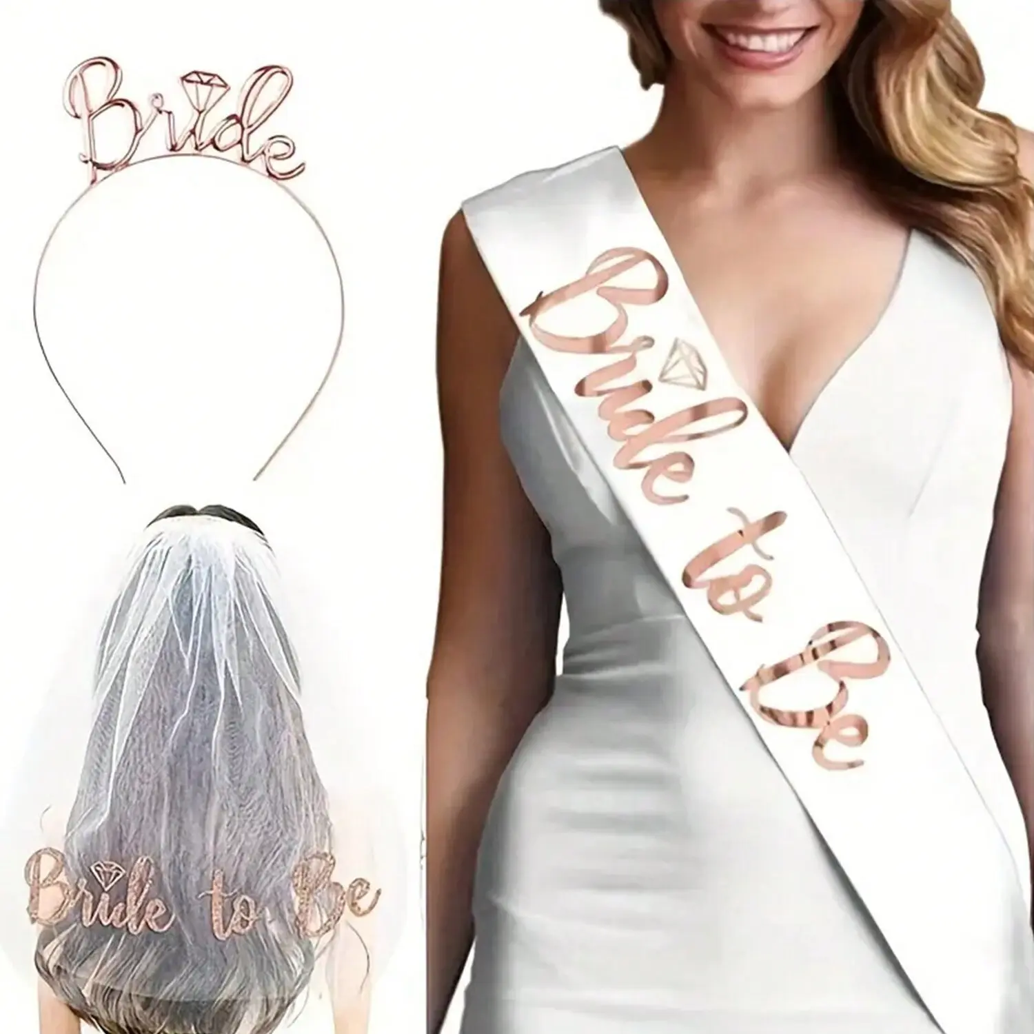 3Pcs Romantic Bride To Be Party Kit, Bridal Crown, Sash and Veil Set, Elegant Pre-wedding Dress Up Accessories, Premium Perfect Decor Gifts, Party Supplies Set for Bachelorette Party and Bridal Shower Events
