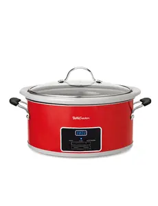 Betty Crocker 6-Quart Oval Digital Slow Cooker, Programmable Crock Pot Up to 20 Hours, Electric Cooking Pot with LCD Digital Display, Removable Stoneware Crock Liner, 240 Watts, BC-4587R, Red