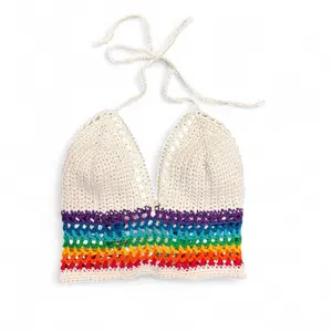 Rainbow Trim Crochet Bralette crop top – Handmade White Pride Festival Top