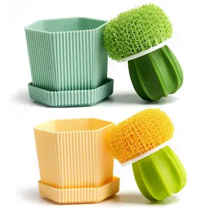 Single Cactus-Shaped Dish Brush with a Drip Tray, a Set of Sturdy Cleaning Scrubbers for Kitchen Use, Suitable for Plates, Pans, Pots, And Sinks, in Green Color