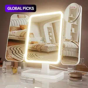 Portable LED Light Makeup Mirror, Lighted Makeup Mirror, Mirror with Lights, 3-fold Foldable Rechargeable Mirror with 2x 3x & 10x Magnification, Touch Control Mirror for Travel & Bedroom Use, Rechargeable Trifold Mirror