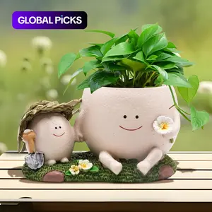 Smiley Face Head Planter Pot, Funny Straw Hat & Sitting Chair Resin Succulent Pots, Whimsical Cute Flower Planters for Indoor Outdoor, Unique Gift Idea for Mother, Plant Lover & Christmas Decoration, Garden Planter #GLOBAL PICKS