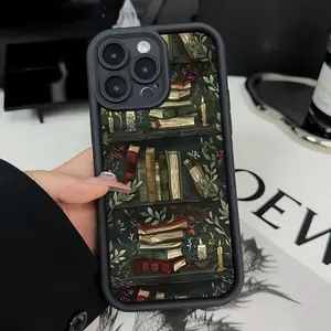 Retro Bookshelf Pattern Case for IPhone 16 15 14 Pro Max 13 12 11 XR XS Plus Shockproof Non Slip Military-Grade Protection Silicone Cover