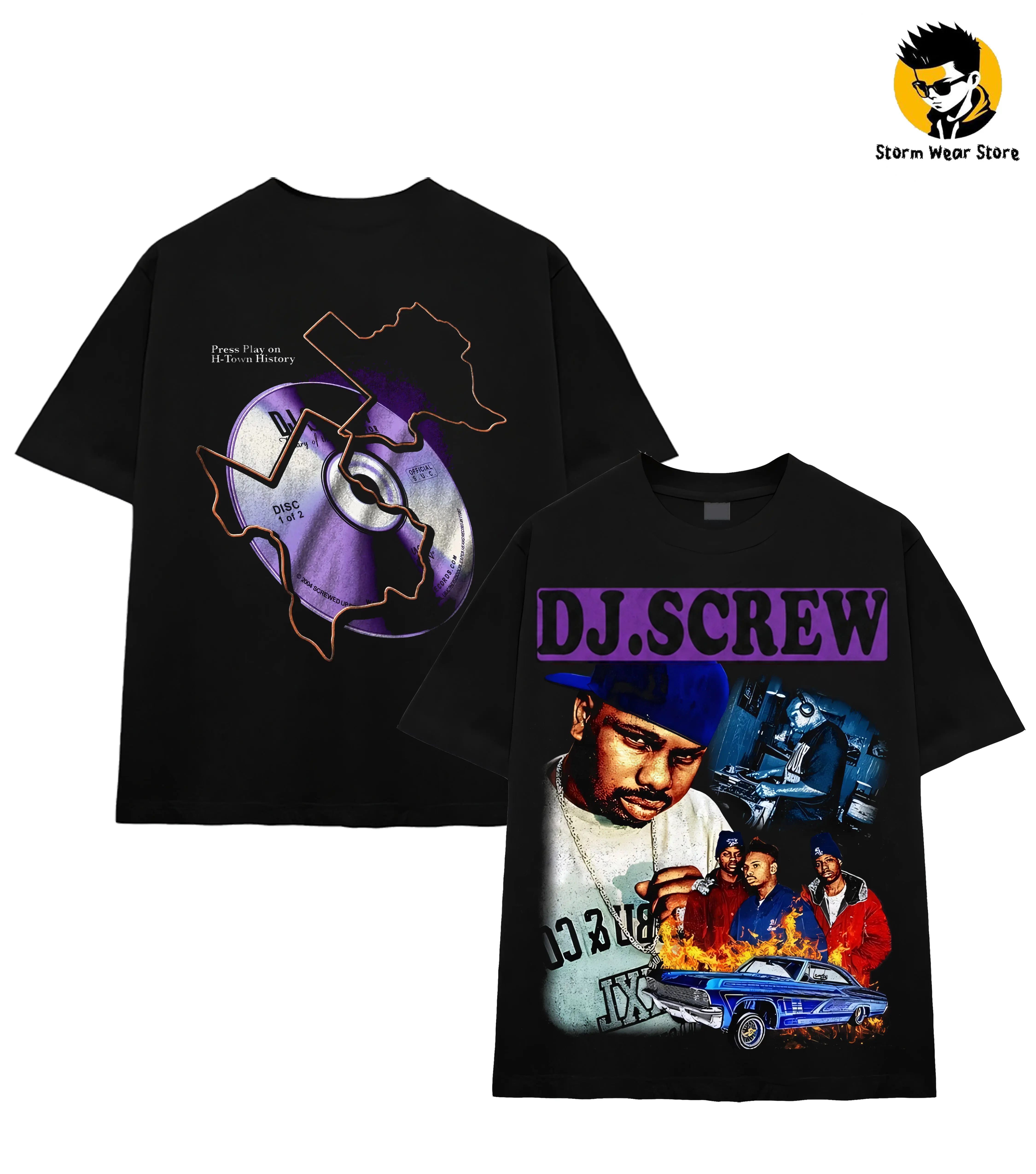 Storm Music Store DJ Screw H-Town Heavy Cotton Unisex Graphic T-Shirt, Houston Rap Texas Screwed Up Click Tee, DJ Screw 713 Crewneck Top, Vintage Streetwear Graphic T-Shirt