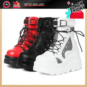 Platform Ankle Boots Women Chunky Heel Booties Goth Round Toe Combat Boots Women Lace Up Motorcycle WedgesGift