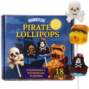 Pirate Lollipops Candy, Strawberry and Watermelon Flavored Ship, Skull & Treasure Chest Suckers, Individually Wrapped Treats for Birthday Parties, 18 Count