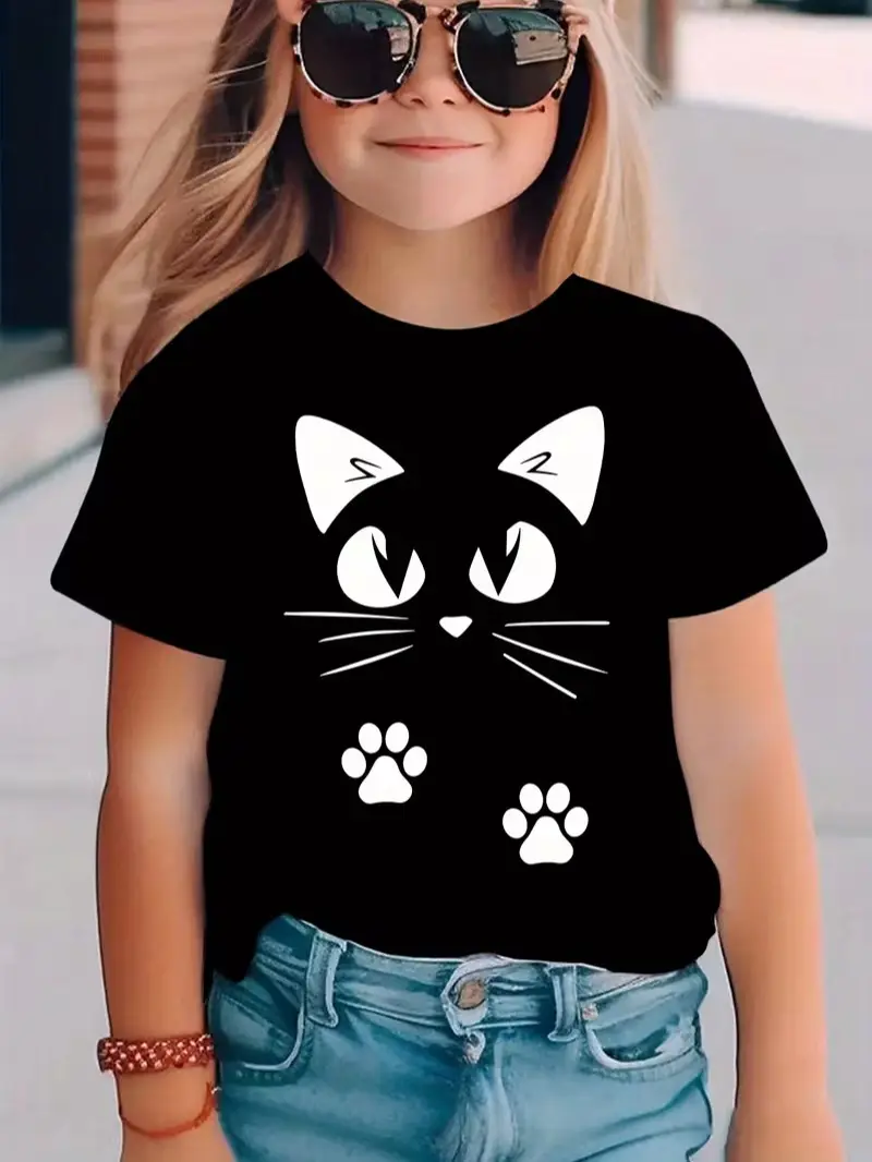 Girls' 100% Cotton T-Shirt with Minimalist Kitten Print, Soft Casual Top for All Seasons with Expandable Shoulders, Animal Graphic Tee, Overhead Wear