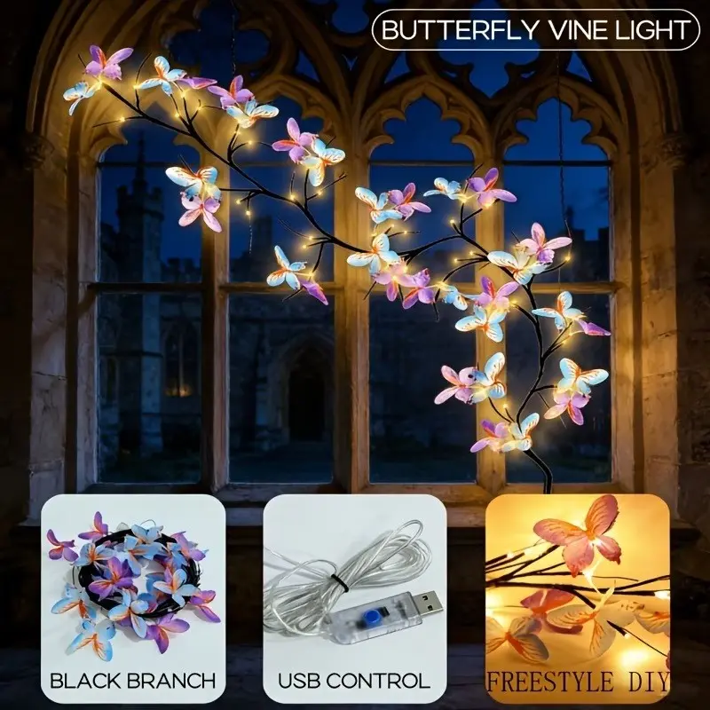 1PC USB Powered Butterfly Design LED Branch Lights for Wall, 30 LED Butterfly Willow Twig String Lights, Suitable for Indoor & Outdoor Wall, Bedroom, Home, Doors and Windows, Holiday DIY Decor, Party Decor, Gifts, Proposal & Wedding Decoration