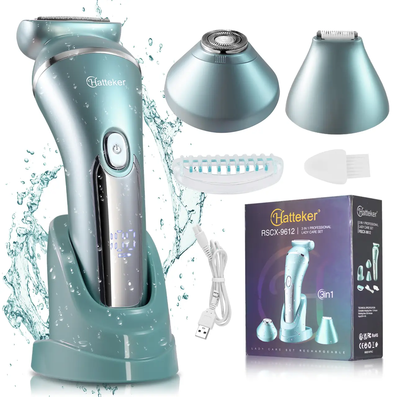 Hatteker 3 In 1 Women’s Electric Shaver, IPX7 Waterproof Painless Body Hair Remover, USB Rechargeable Cordless Wet Dry Razor For Face, Chin, Underarms, Arms, Legs & Bikini Line