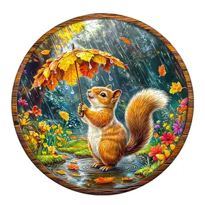 Squirrel Dreams Wooden Jigsaw Puzzle - Rainy Day Scene with Squirrel Holding Umbrella - Mind Game for Focus and Intelligence