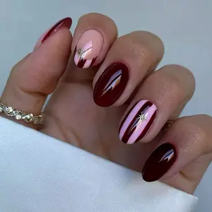 24pcs Short Oval Wine Acrylic Nail Set, Stripe and Star Pattern Design, Perfect Fit, Glossy Finish, Suitable for Women and Girls
