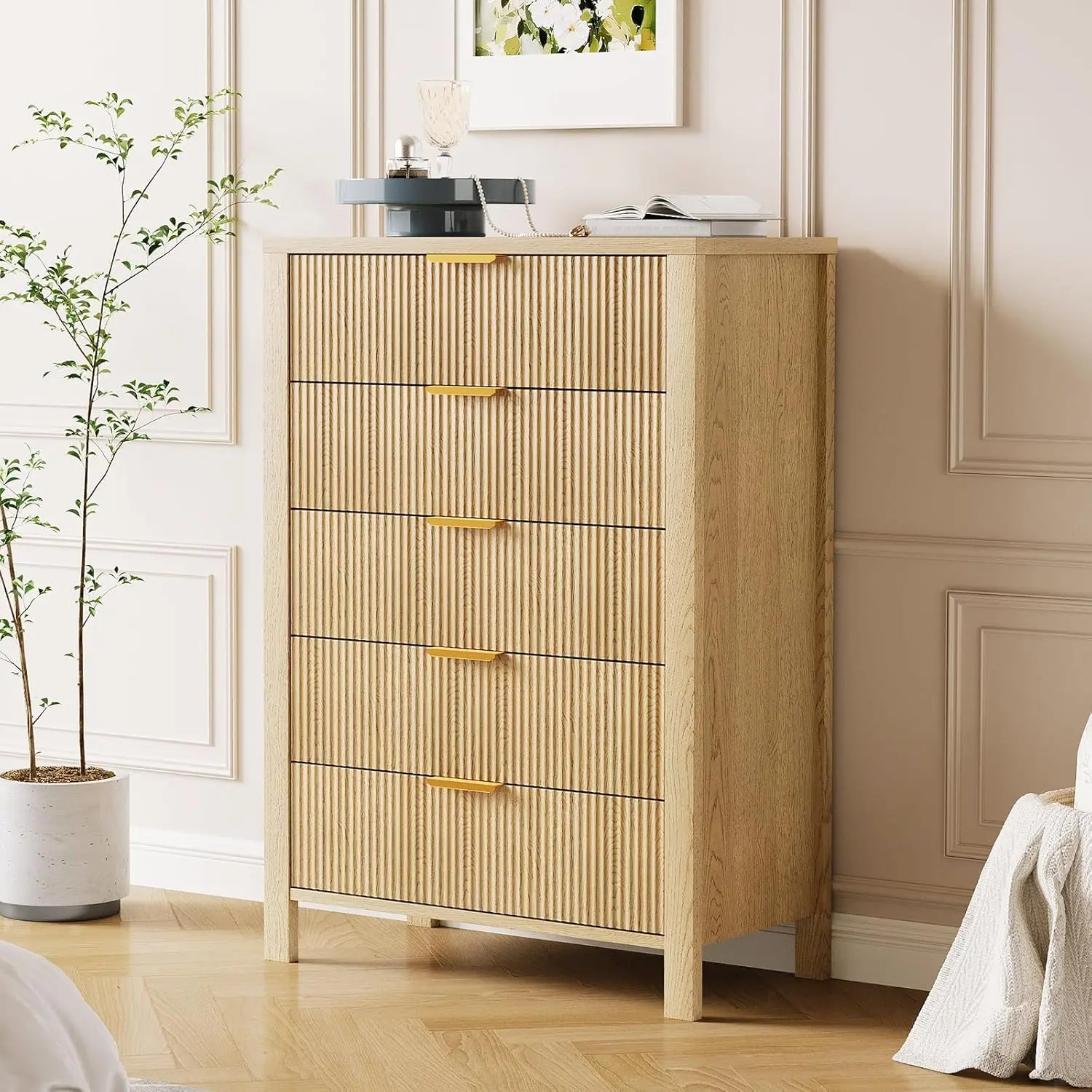 Fluted 5 Drawer Dresser, 45 Inch Tall Slim Dresser for Small Spaces, Modern Farmhouse Wooden Chest of Drawers for Bedroom Nursery Apartment, Easy Assembly, Oak