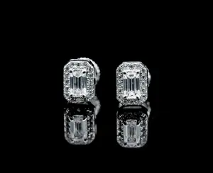 Moissanite Earrings Emerald Cut Halo Style Studs – 8MM, 925 Sterling Silver, VVS D Color