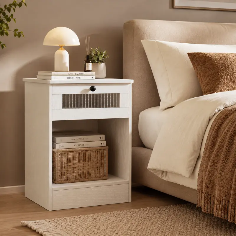 VOWNER Modern Nightstand with Fluted Glass Drawer, End Table with Open Storage Shelf, Small Bedside Table for Bedroom, Living Room & Office