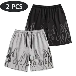 Men’s flame-pattern shorts two-pack, hip-hop street style athletic shorts with drawstring elastic waistband, stylish and unique, suitable for everyday wear and leisure activities, full of summer vibes.