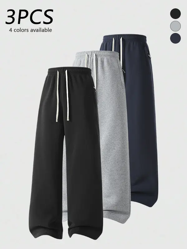 3-pack men’s loose straight sweatpants with zippered pockets, zippered pocket design, drawstring elastic waistband, skin-friendly soft and comfortable fabric, everyday casual loose straight sweatpants