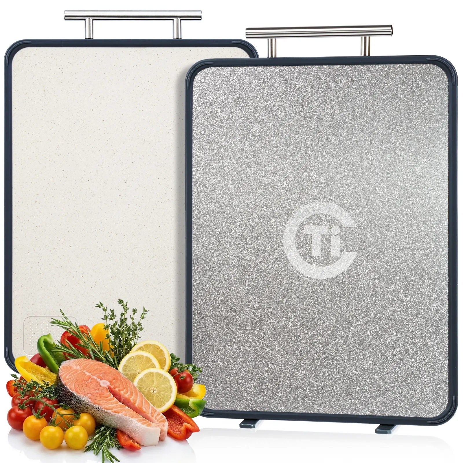 Titanium Cutting Board for Kitchen- Double Sided Cutting Board with Stand, Textured Food-Grade Pure Titanium Side for Chopping Meat, PP Side for Vegetables, Easy to Clean(14.5”×11”, 1 PC)