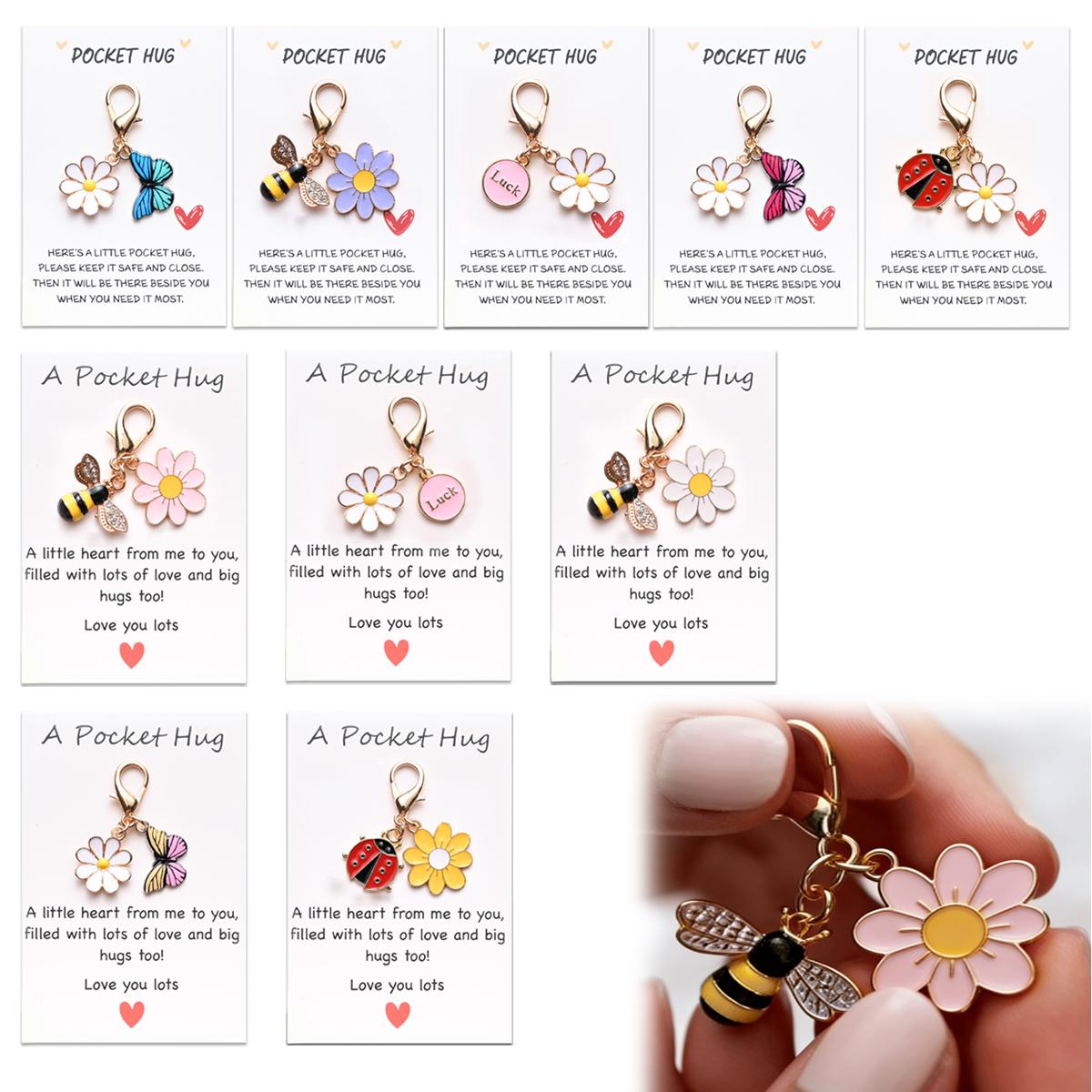 10-Pack Pocket Hug Card Keychain Set with Inspirational Card for Encouragement, Anxiety Relief, and Emotional Support-Inspirational Keepsakes for Friends, Family, Children, and Loved Ones (Insect, Daisy, Heart Keychain)