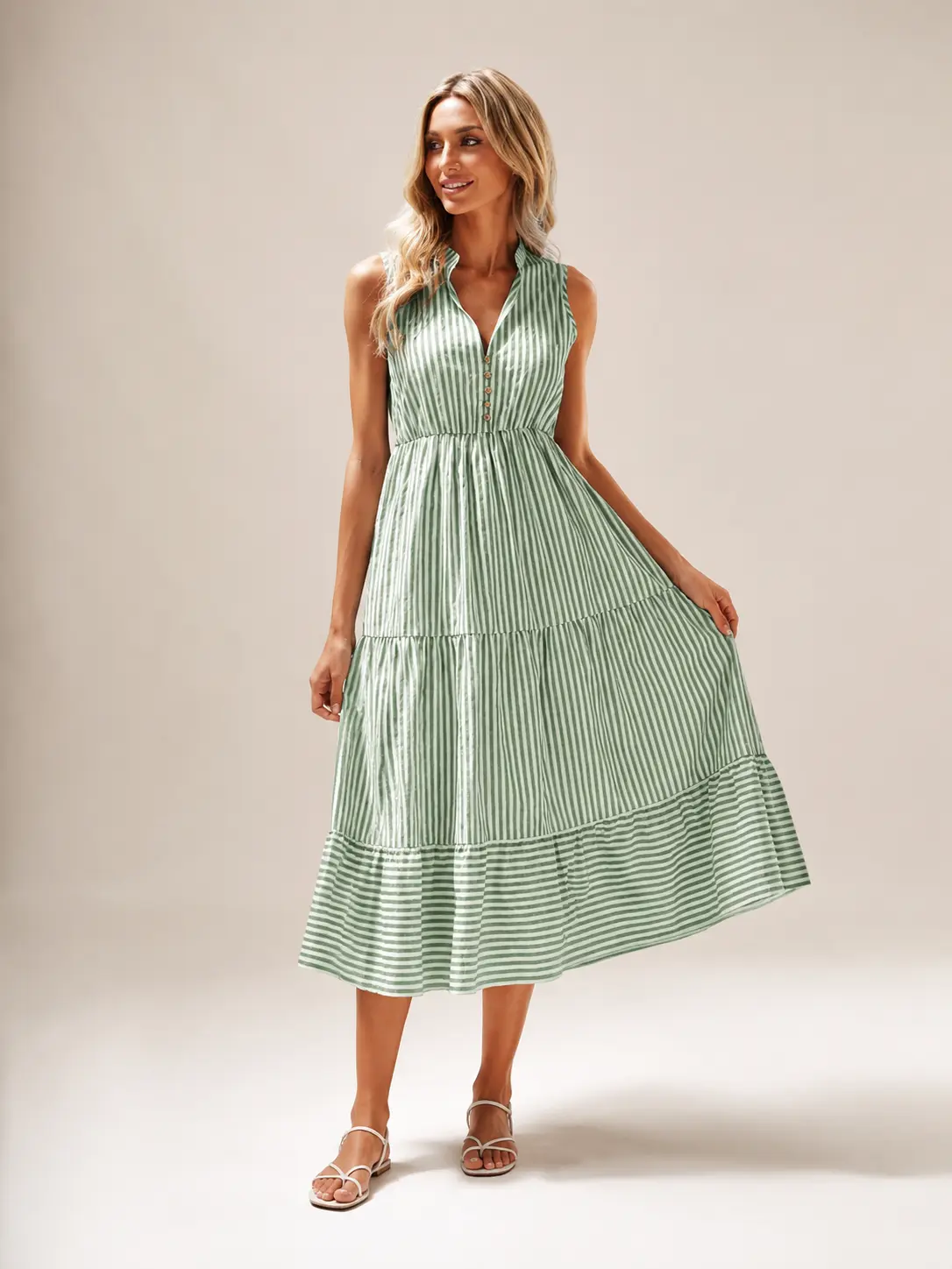 Women's Striped V Neck Sleeveless Button Front Tiered Midi Dress, High Waist Fit and Flare Swing Dress with Smocked Waist, Elegant Summer Vacation Resort Outfit for Beach Travel, Brunch, Garden Party, Weekend, Street Style and Casual Daily Wear