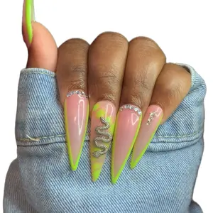 Lime Green Outline Acrylic Press on Nails with Snake Print Design & Charms - Cuticle Bling, Pink Finish, Unique Edges