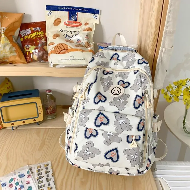 Cute Cartoon Print School Backpack with Plush Bunny Charm & Multi-Zipper Pockets - Lightweight Daypack for Daily Commute & Travel Essentials