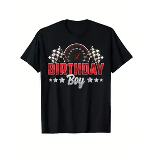 Boy's Racing Birthday Party T-Shirt - "Birthday Boy" Racing Design with Checkered Flag, Quality, Short Sleeve, Crew Neck, Black, Birthday Party Outfit |   Funny Graphic T Shirt |   Quality T-shirt