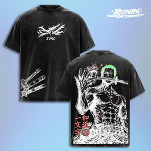 "Three Sword Style" OP Washed Oversized T-shirt | Vintage Anime Graphic Double Printed Tee | Heavyweight Cotton Manga Streetwear | Otaku Fashion Top for Pirate Hunter Fans