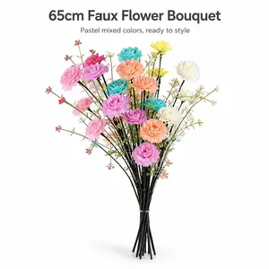 Set of 12 stems at 65 cm featuring a mixed macaron color scheme; realistic Austin rose bouquet with silk-like feel and faux peony roses, paired with mini decorative bud flowers; flexible black iron wire stems that can be bent; UV-resistant and less prone