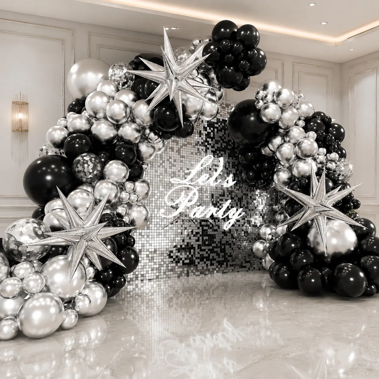 120PCS Black-Silver Metallic Balloon Kit, Premium Festive Party Supplies with Star Garland for Home & Black-Silver Birthday Decorations -1sets