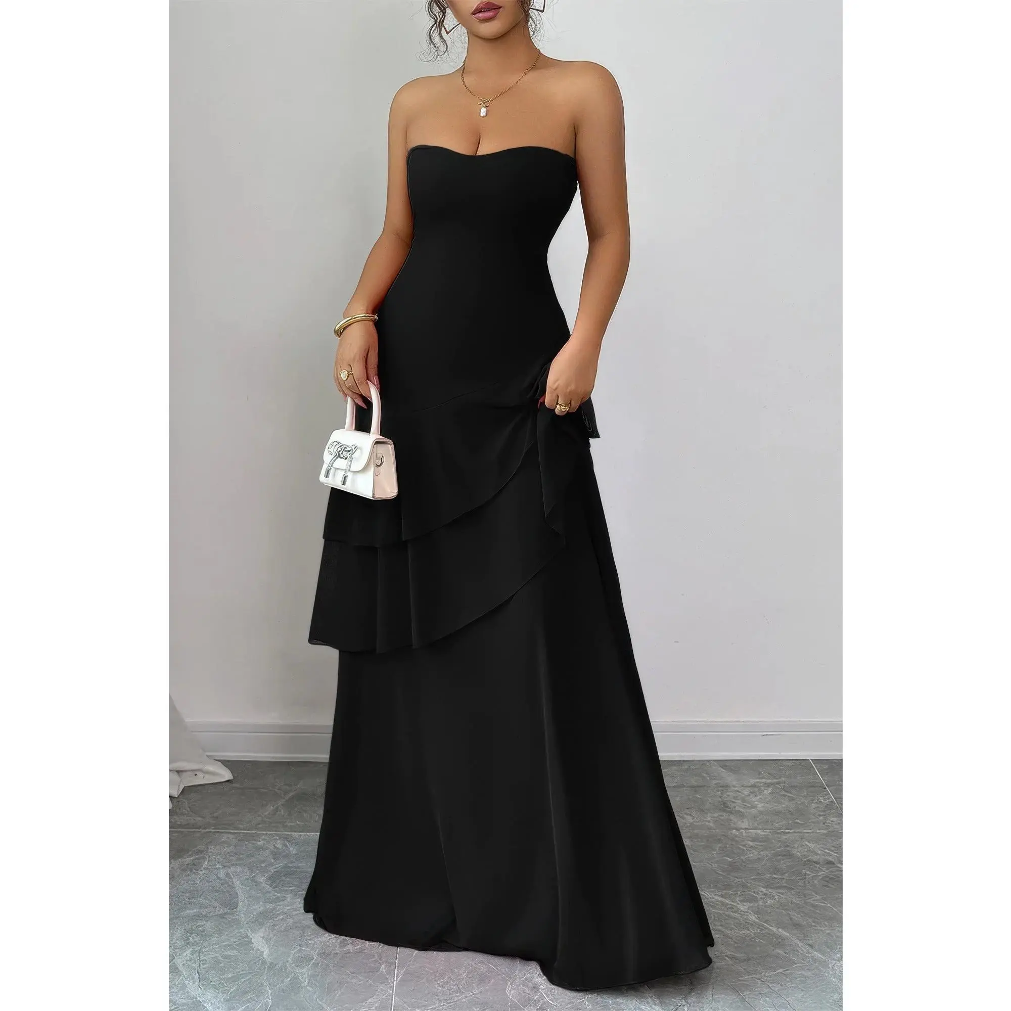 Stacey B's Off Shoulder Cross Back High Waist Layer Maxi Dress