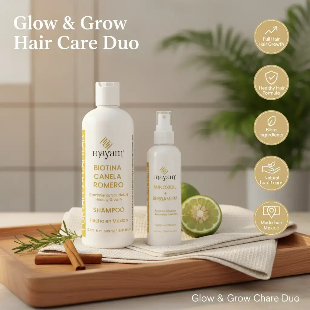 Mayam Beauty Glow & Grow Hair Kit - 2 Piece Set: Biotina Canela Romero Shampoo 500ml & LuxeGrow Hair Tonic 125ml for Fuller Healthier Hair
