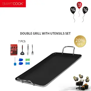 SmartCook Double Burner Griddle/Grill Pan 17" Non-Stick with 7-Piece Utensil Set, Includes Spatula, Tongs, Fork & Cleaning Tools for Family Cooking Bake Cookware