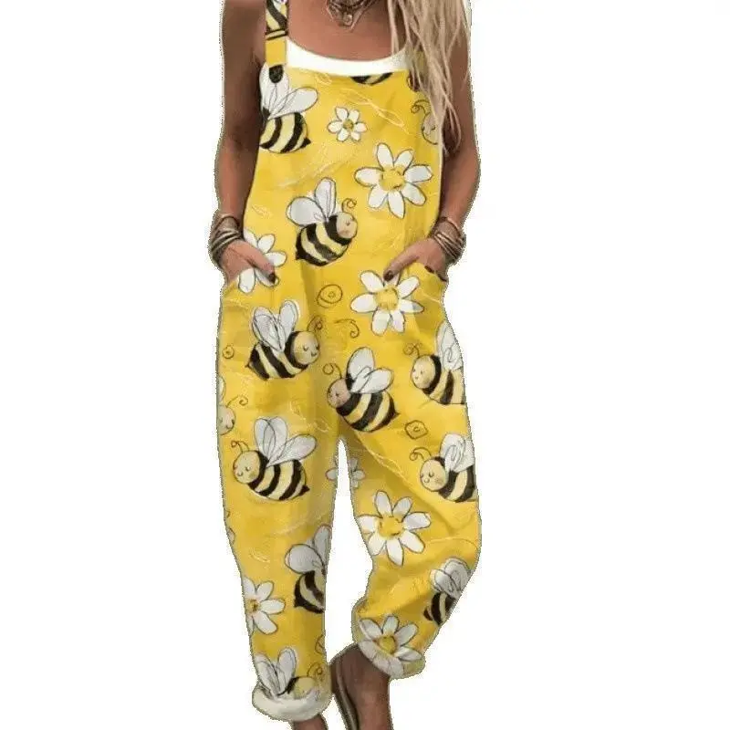Women's Patchwork Dual Pocket Jumpsuit Loose Floral Print Bohemian Wide Leg Bib Overall