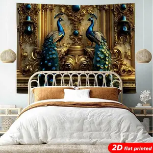 Royal Peacock Tapestry Wall Hanging, Gold Blue Double Peacock Design, 2D Flat Printed Vintage Tapestry for Bedroom, Living Room, Luxury Home Decor, Animal Art