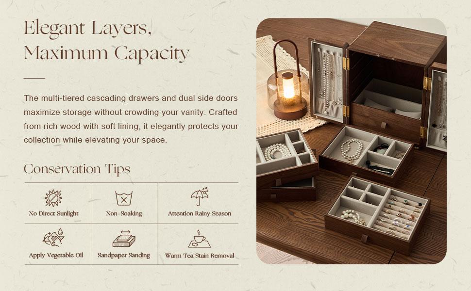 Walnut Wood Magnetic Double-Door Jewelry Box with Lid - 5-Layer Vintage Decorative Vanity Organizer, Velvet-Lined Compartments, Flower Accents, Large Capacity for Rings & Necklaces, Ideal Gift Box Packaging