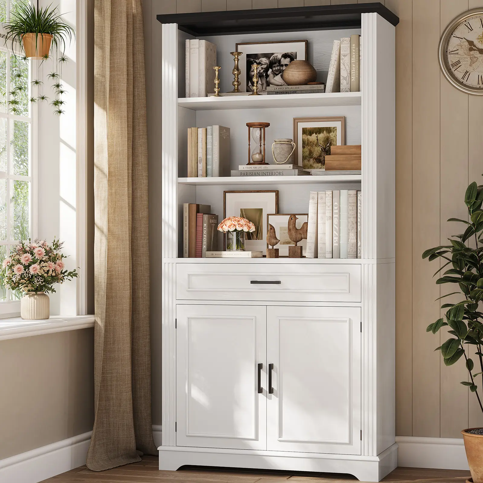 Sedeta 70-in Traditional Farmhouse Wood Bookshelf - 6-Shelf Freestanding Indoor Furniture, Durable Vertical Storage Unit with Drawers & Doors, Holds Books & Collectibles for Living Room/Home Library, 25+kg Capacity, Requires Assembly, Frees Floor Space, A