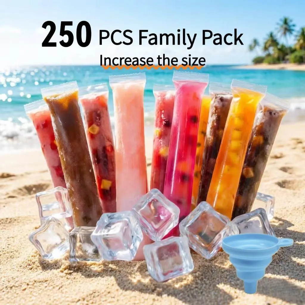 250 PCS Food-Grade BPA-Free Disposable Popsicle Bags with Funnel & Sticks - Easy-Fill Kitchenware Popsicle Molds Utensils for Frozen Treats, DIY Fruit Juice, Ice Cream - Ideal for Kids, Birthday