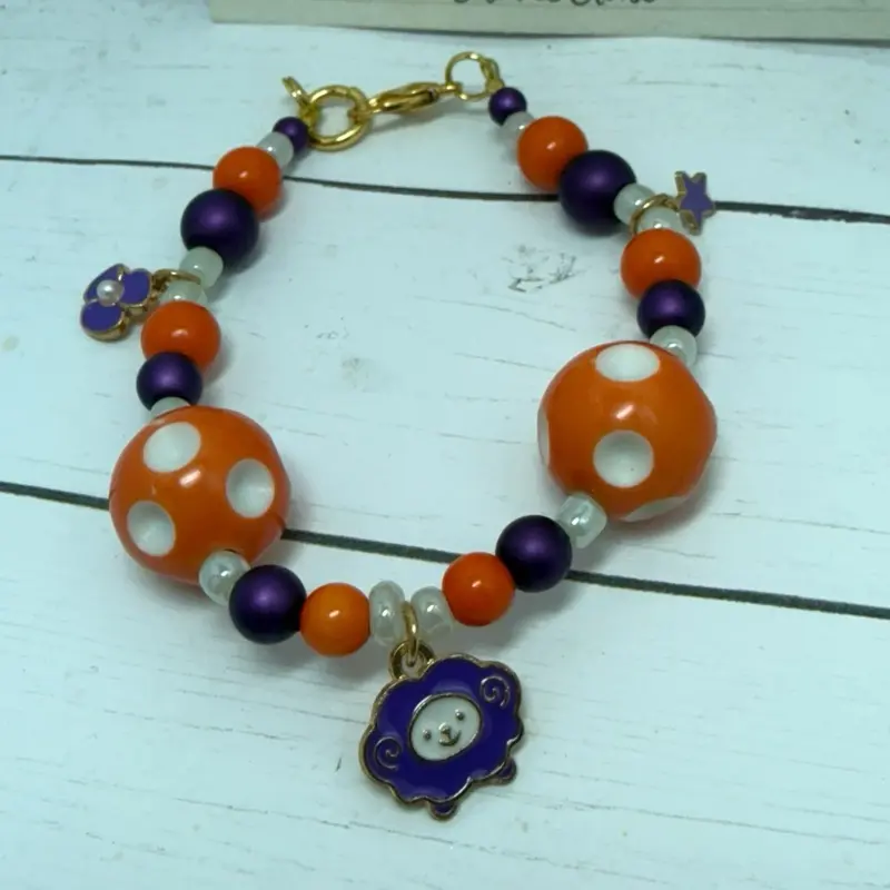 Handmade Purple Sheep Charm Bracelet with Orange White Beads and Gold Clasp for Unique Fashion