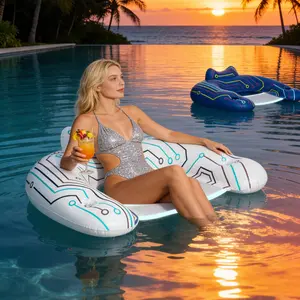 2 Pack Glow in the Dark Inflatable Pool Floats Adult, Light-Activated  Blue & White Cyberpunk Luminous Pool Float Chair, Heavy Duty U-Shaped Pool Floaties with 2 Cup Holders