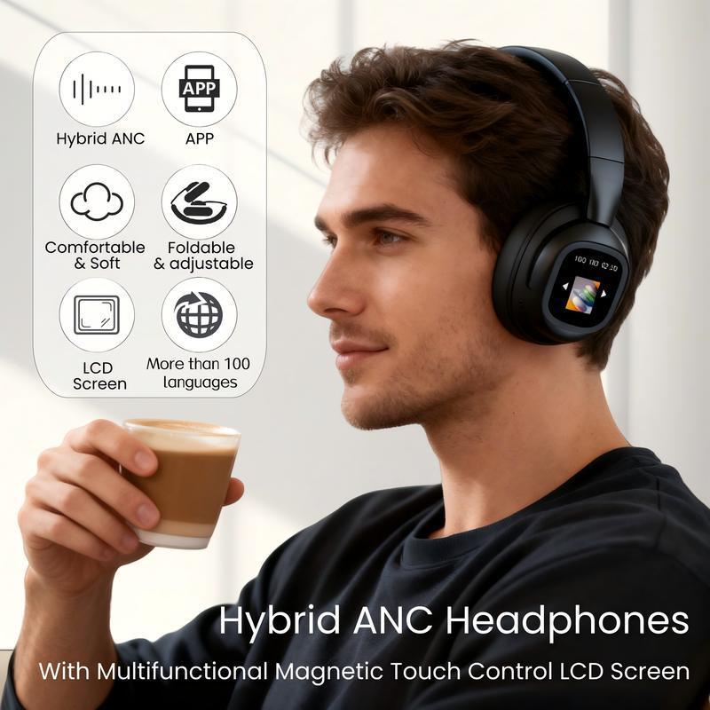 Wireless Bluetooth 6.0 over-ear headphones, featuring an LCD touchscreen, noise cancellation, customizable wallpapers, and multiple sound effects – suitable for both men and women, and easy to carry.