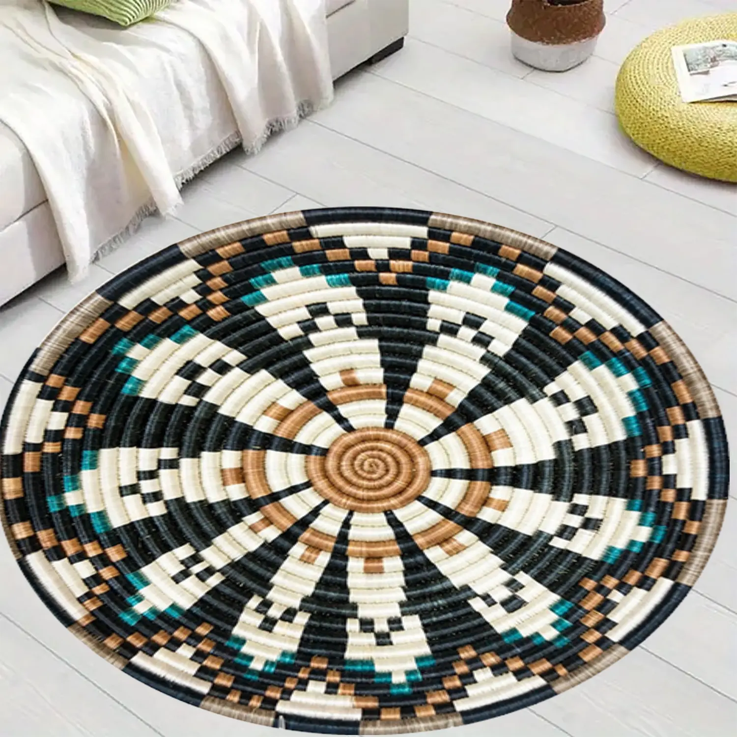 1piece of fashionable woven rope printed 2D plan circular pattern floor mat, suitable for bedroom bedside decoration, living room home decoration, balcony decoration, hotel decoration, entrance, kitchen, bathroom and other places, available in all seasons 1piece of fashionable woven rope printed 2D plan circular pattern floor mat, suitable for bedroom bedside decoration, living room home decoration, balcony decoration, hotel decoration, entrance, kitchen, bathroom and other places, available in all seasons