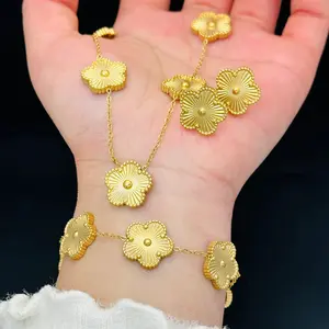 Fashion Titanium Steel Necklace 18k Gold Five-Flower Four-Leaf Clover Set Earrings Bracelet Non-Fading Pastoral Style 12g Pendant 1.3cm jewelry make diy bracelet necklace