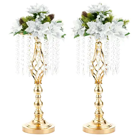 Decorative Flowers Ornaments - 2-Count 19.3in Anti-Rust Zinc Alloy Classic Gold Acrylic Crystal Floral Stands, Crystal Drips, Round Base Artificial Floral Arrangement Centrepieces for Dining Table Centerpiece, Party Decor