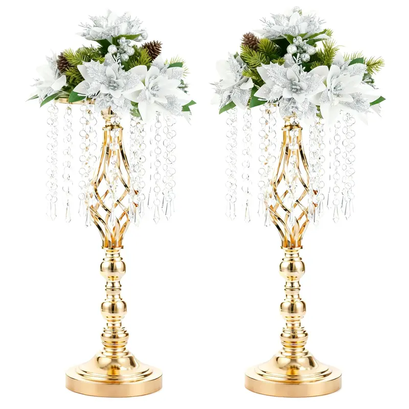 Decorative Flowers Ornaments - 2-Count 19.3in Anti-Rust Zinc Alloy Classic Gold Acrylic Crystal Floral Stands, Crystal Drips, Round Base Artificial Floral Arrangement Centrepieces for Dining Table Centerpiece, Party Decor