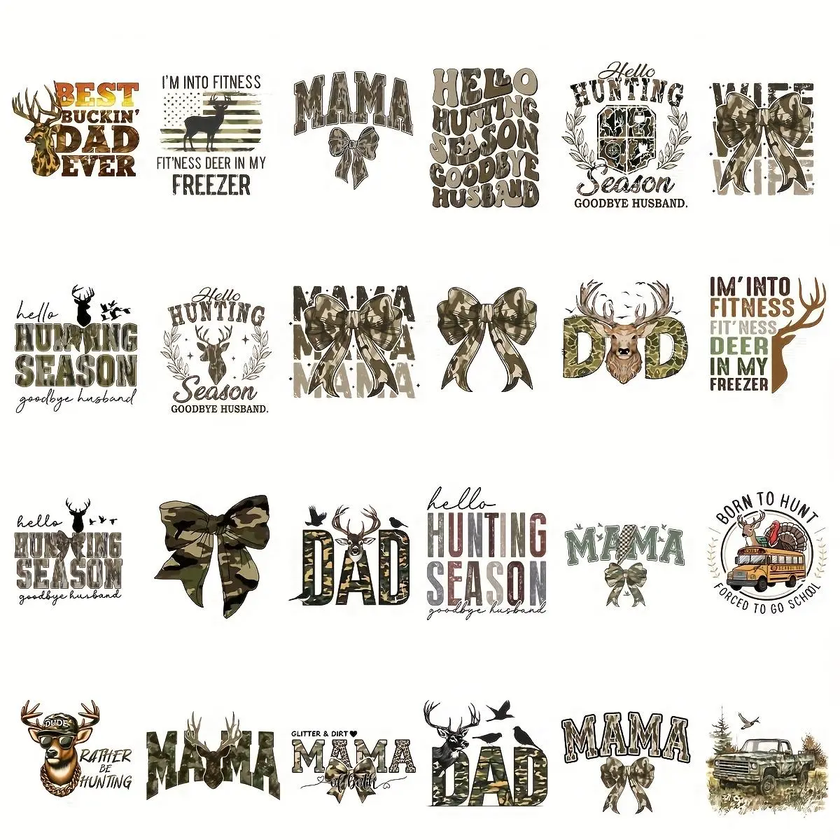 Hunting Season Themed, Dad, Mama Iron on DTF Transfer Stickers, 36pcs/set Washable Heat Transfer Designs, DIY Decals for Clothes, T-shirt, Mask, Jeans, Backpack, Versatile, Diverse