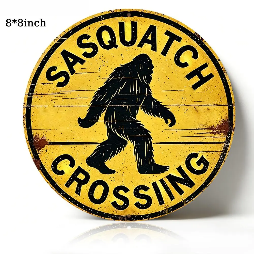 "Sasquatch Crossing" Retro Round Aluminum Sign, Funny Bigfoot Themed Wall Decor for Home, Cabin, Garage & Outdoor, 8×8 Inch, Distressed Vintage Style, Waterproof & Rust-Free, Perfect Gift for Bigfoot Fans & Outdoor Enthusiasts easy mount Decorative,metal