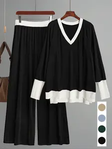 Plus Size Women's Casual Patchwork Set, Elegant Long Sleeve Top & High Waist Pants, Spring & Fall Fashion