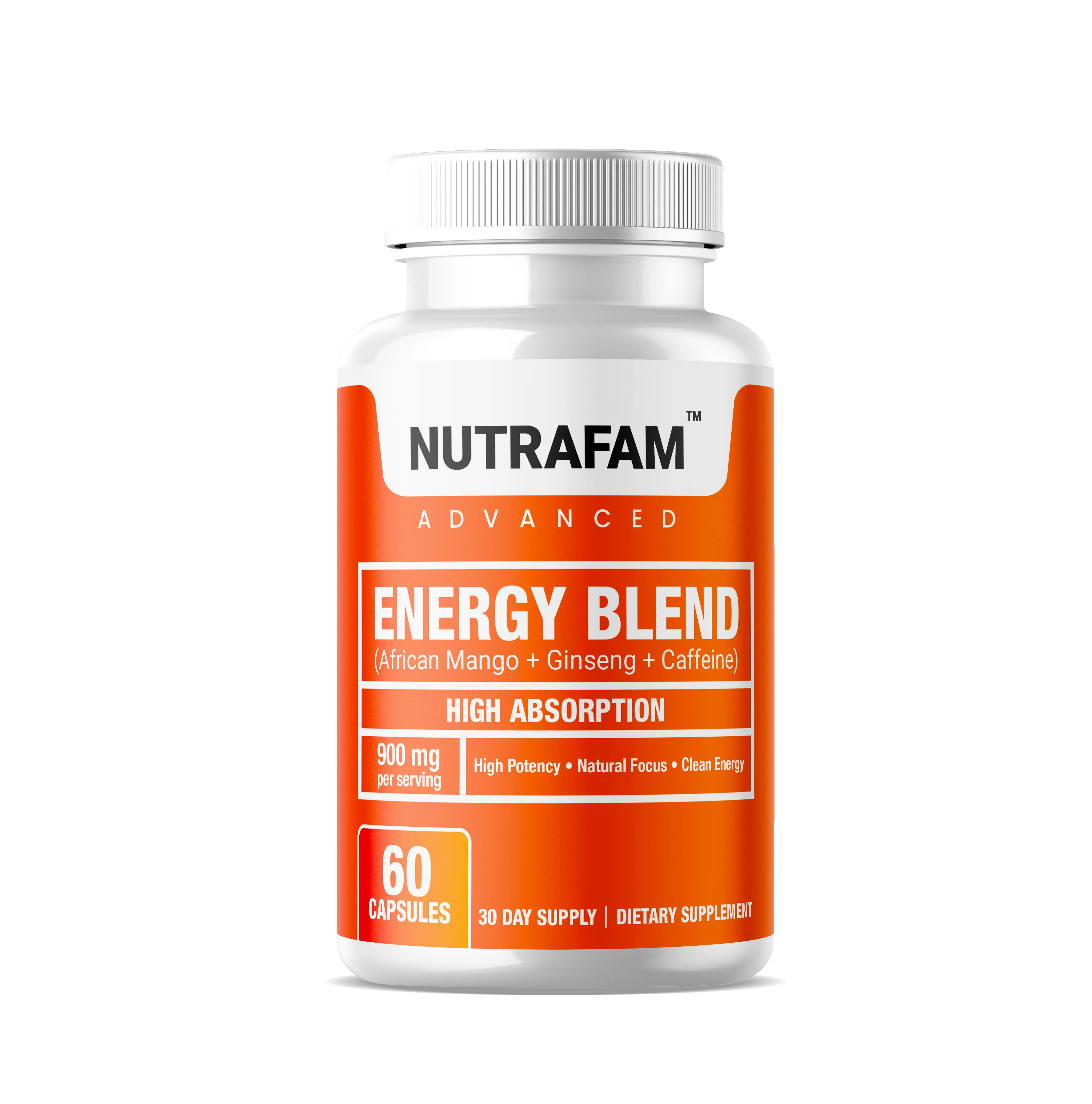Nutrafam Energy Caffeine Capsules for Energy and Focus | 900 mg,  Sugar-Free with African Mango, Caffeine, Korean Ginseng & Green Tea leaf