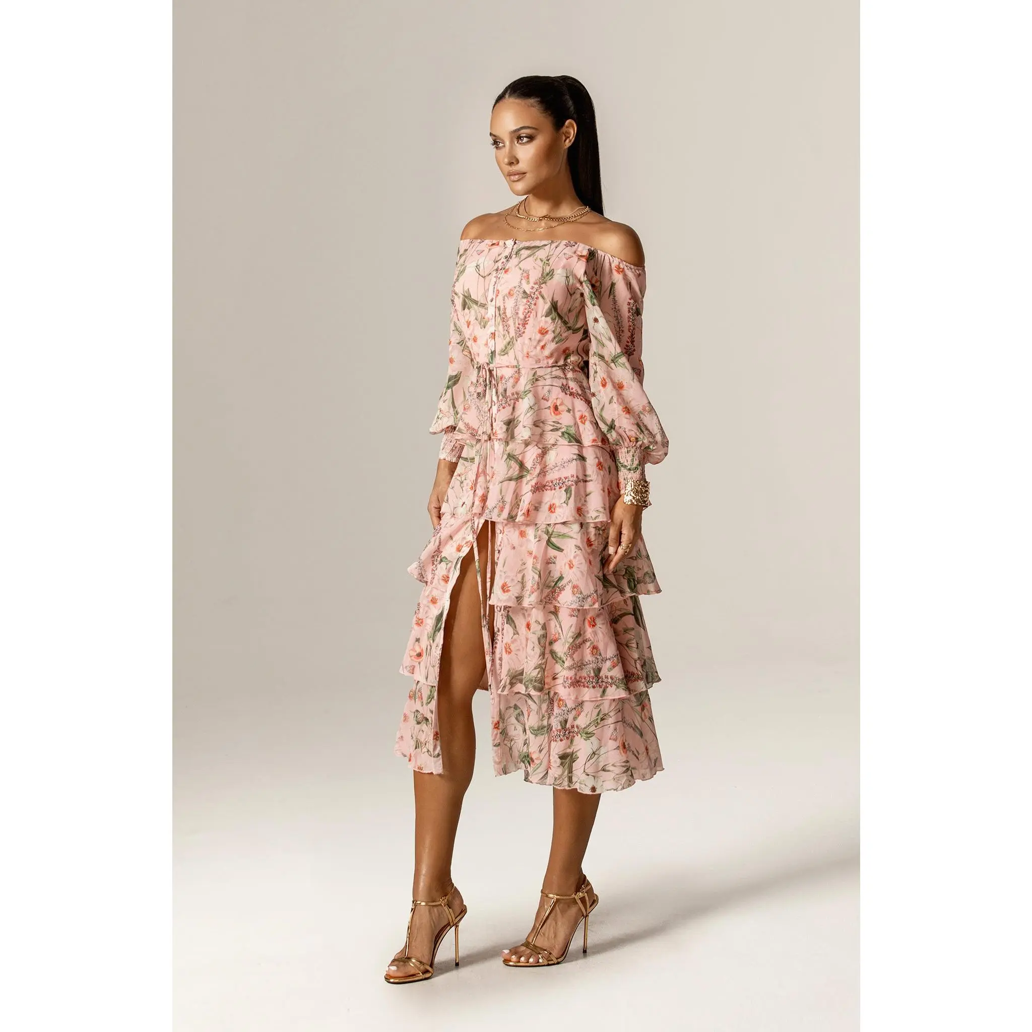 Dorra Off-Shoulder Floral Georgette Chiffon Midi Dress - Rosy Meadow |  Women's Long Sleeve Ruffle Tiered Dress - Stylish Summer Spring Dress for  Casual. Vacations & Outdoor Wear - Womenswear Clothing - TikTok Shop